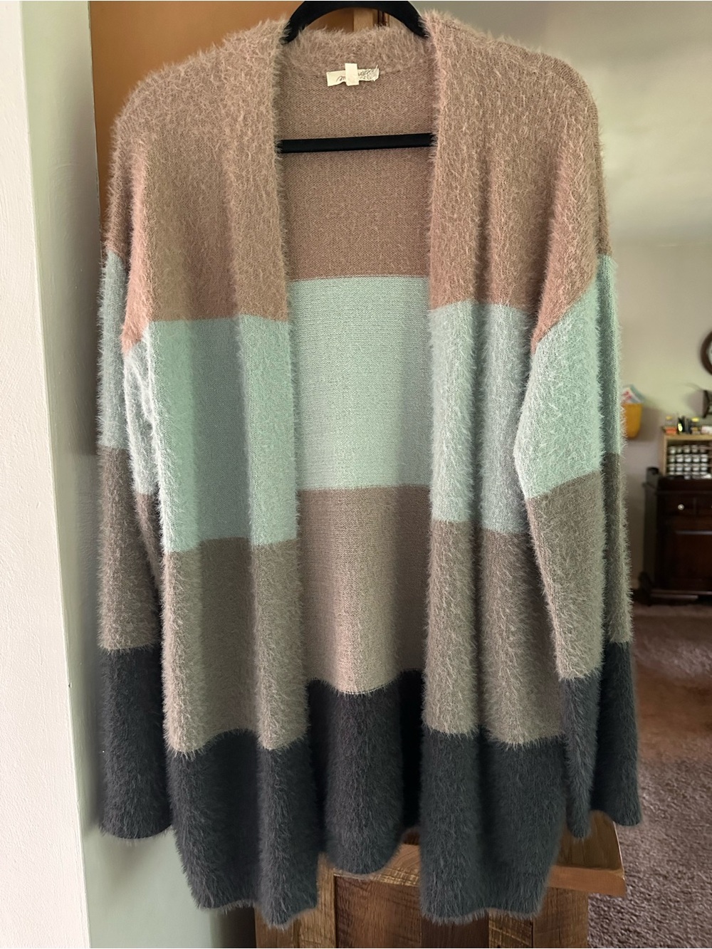 Mystree Fuzzy Colorblock Open Cardigan in Pink, Mint & Gray